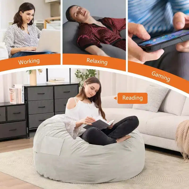 Pouf avec Housse Amovible et Lavable, Poche Latérale et Poignée de Transport, Fauteuil Poire surdimensionné, Design Facile à Nettoyer