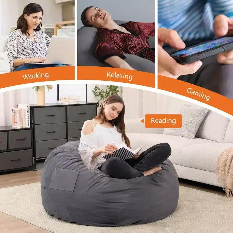 Pouf avec Housse Amovible et Lavable, Poche Latérale et Poignée de Transport, Fauteuil Poire surdimensionné, Design Facile à Nettoyer