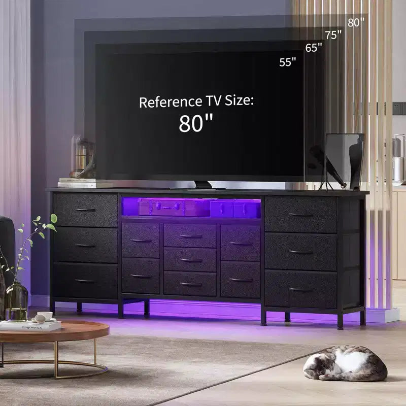 Meuble TV 70 pouces avec 13 tiroirs et éclairage LED pour Chambre et Salon