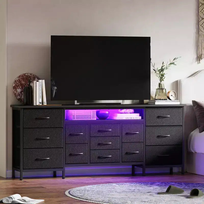Meuble TV 70 pouces avec 13 tiroirs et éclairage LED pour Chambre et Salon