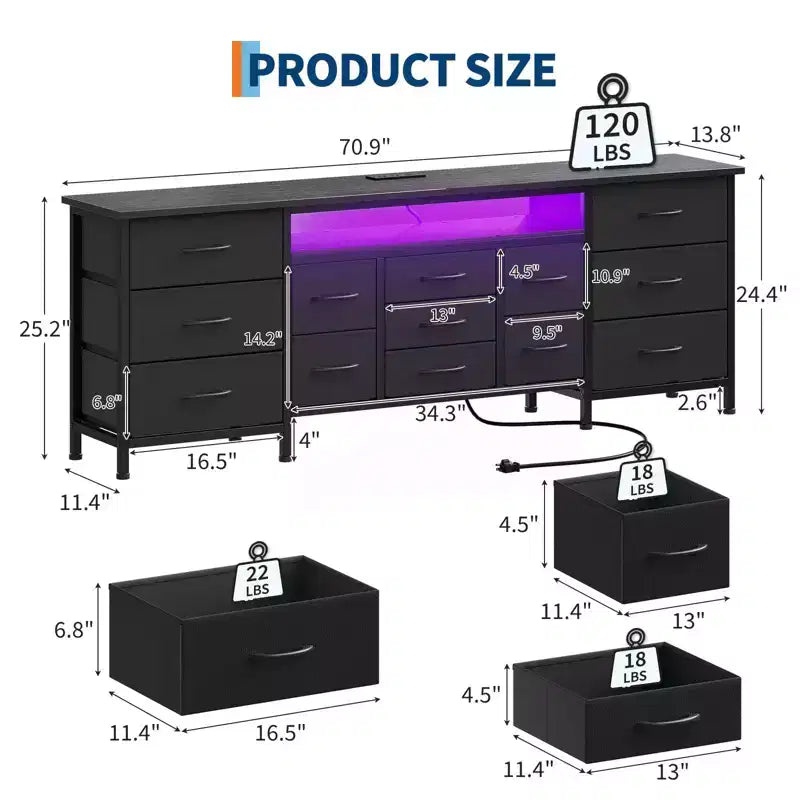 Meuble TV 70 pouces avec 13 tiroirs et éclairage LED pour Chambre et Salon