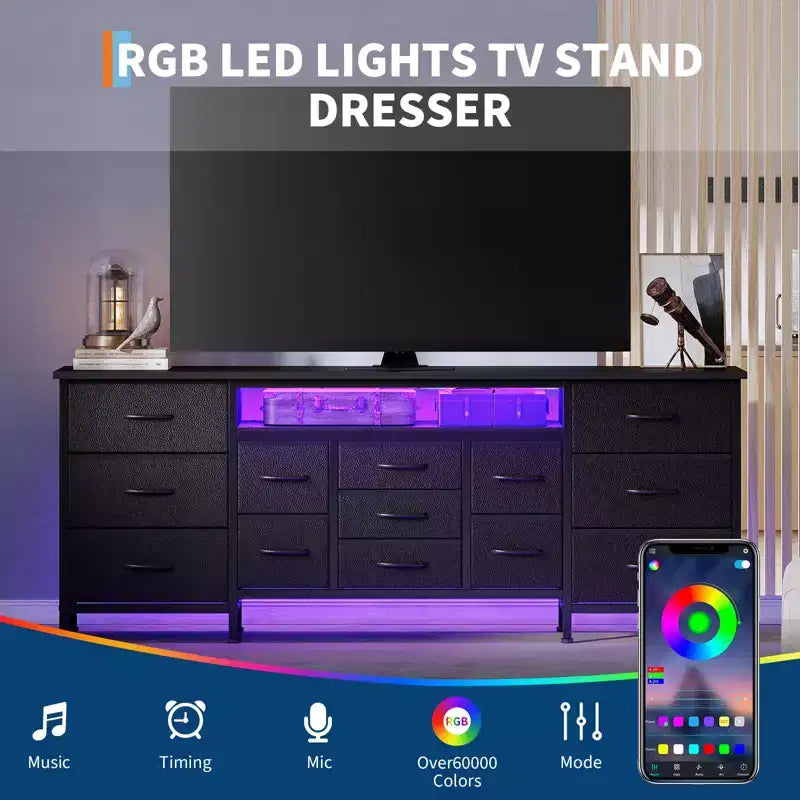 Meuble TV 70 pouces avec 13 tiroirs et éclairage LED pour Chambre et Salon