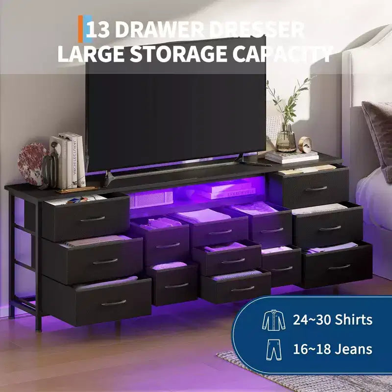 Meuble TV 70 pouces avec 13 tiroirs et éclairage LED pour Chambre et Salon