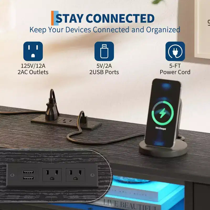 Meuble TV 70 pouces avec 13 tiroirs et éclairage LED pour Chambre et Salon