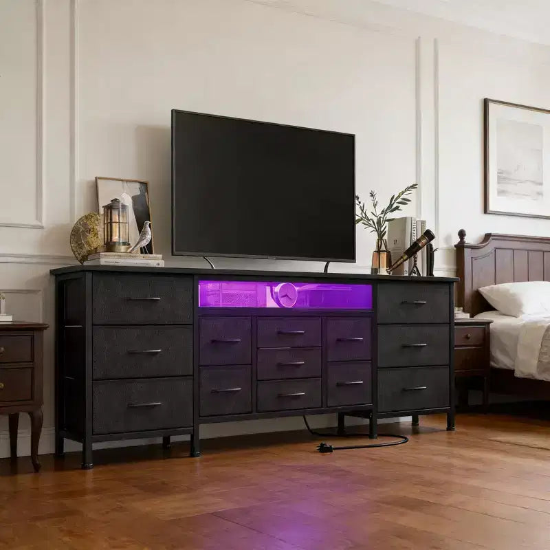 Meuble TV 70 pouces avec 13 tiroirs et éclairage LED pour Chambre et Salon