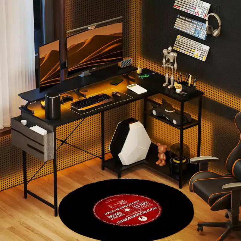 Bureau d'ordinateur en L avec station de recharge et lumières RVB, bureau d'angle réversible