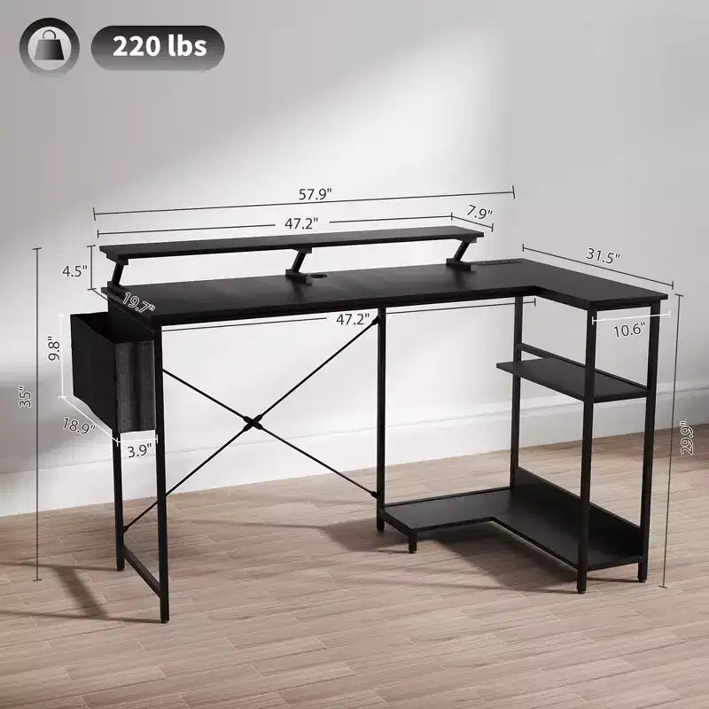 Bureau d'ordinateur en L avec station de recharge et lumières RVB, bureau d'angle réversible