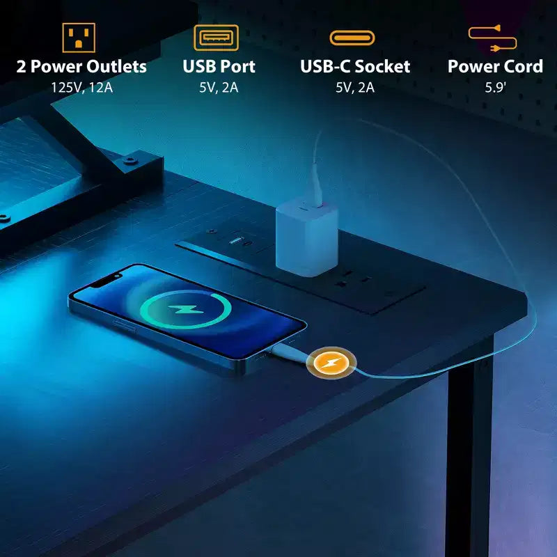 Bureau d'ordinateur en L avec station de recharge et lumières RVB, bureau d'angle réversible