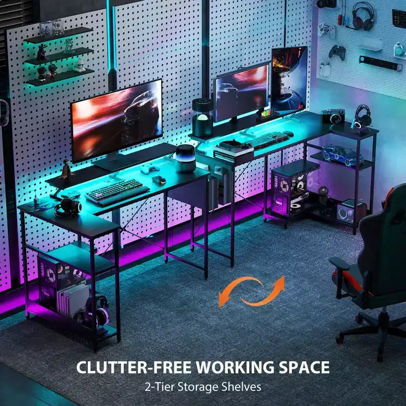 Bureau d'ordinateur en L avec station de recharge et lumières RVB, bureau d'angle réversible