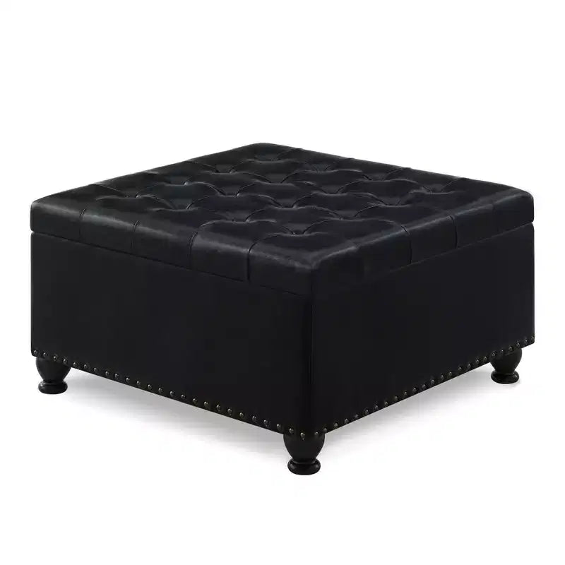 Pouffe de rangement carré de 76 cm avec capitonnage boutonné et clous décoratifs, repose-pieds rembourré avec pieds en bois pour salon, chambre, entrée