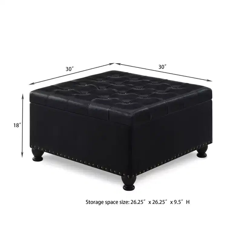 Pouffe de rangement carré de 76 cm avec capitonnage boutonné et clous décoratifs, repose-pieds rembourré avec pieds en bois pour salon, chambre, entrée