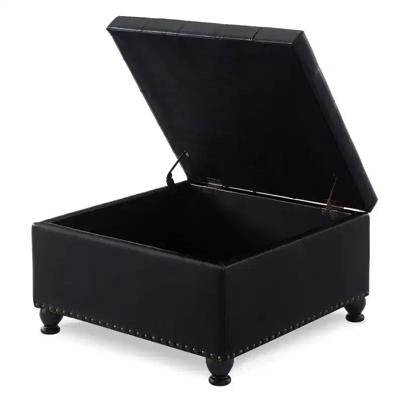 Pouffe de rangement carré de 76 cm avec capitonnage boutonné et clous décoratifs, repose-pieds rembourré avec pieds en bois pour salon, chambre, entrée