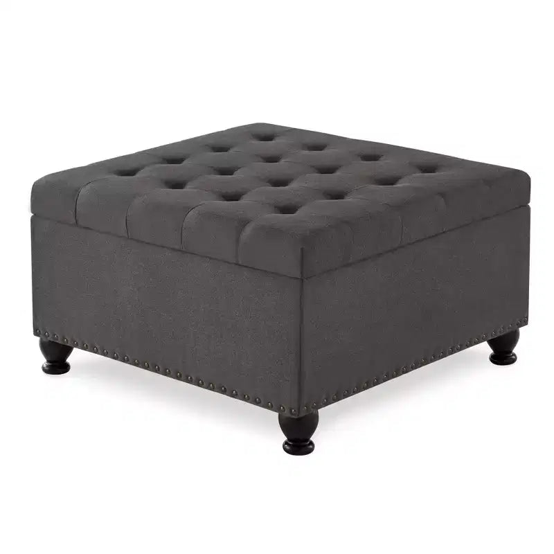 Pouffe de rangement carré de 76 cm avec capitonnage boutonné et clous décoratifs, repose-pieds rembourré avec pieds en bois pour salon, chambre, entrée