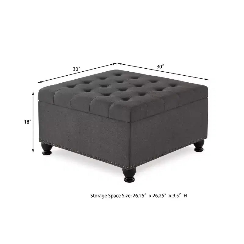 Pouffe de rangement carré de 76 cm avec capitonnage boutonné et clous décoratifs, repose-pieds rembourré avec pieds en bois pour salon, chambre, entrée