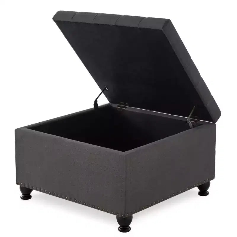 Pouffe de rangement carré de 76 cm avec capitonnage boutonné et clous décoratifs, repose-pieds rembourré avec pieds en bois pour salon, chambre, entrée