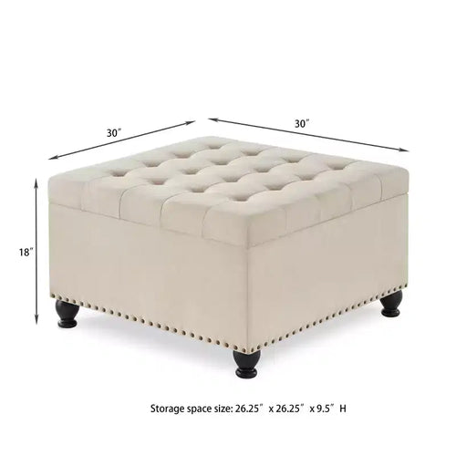 Pouffe de rangement carré de 76 cm avec capitonnage boutonné et clous décoratifs, repose-pieds rembourré avec pieds en bois pour salon, chambre, entrée