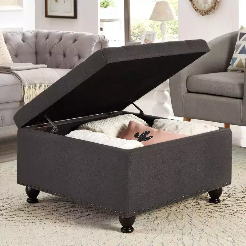 Pouffe de rangement carré de 76 cm avec capitonnage boutonné et clous décoratifs, repose-pieds rembourré avec pieds en bois pour salon, chambre, entrée