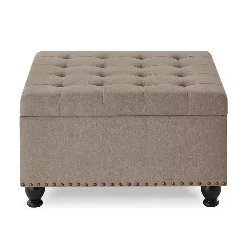 Pouffe de rangement carré de 76 cm avec capitonnage boutonné et clous décoratifs, repose-pieds rembourré avec pieds en bois pour salon, chambre, entrée