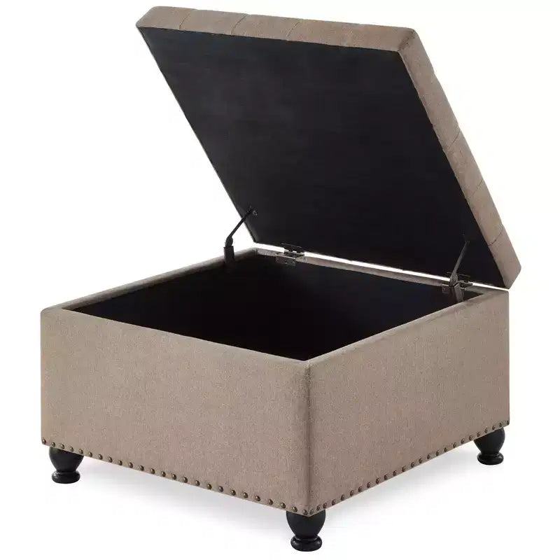 Pouffe de rangement carré de 76 cm avec capitonnage boutonné et clous décoratifs, repose-pieds rembourré avec pieds en bois pour salon, chambre, entrée
