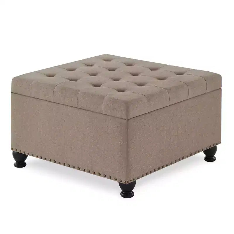 Pouffe de rangement carré de 76 cm avec capitonnage boutonné et clous décoratifs, repose-pieds rembourré avec pieds en bois pour salon, chambre, entrée
