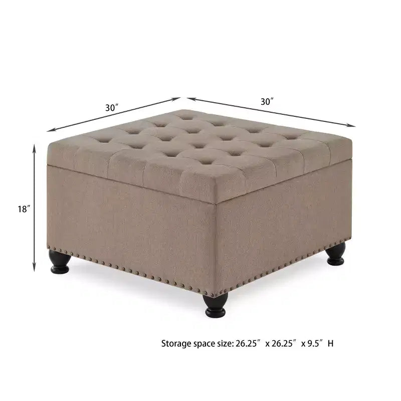 Pouffe de rangement carré de 76 cm avec capitonnage boutonné et clous décoratifs, repose-pieds rembourré avec pieds en bois pour salon, chambre, entrée