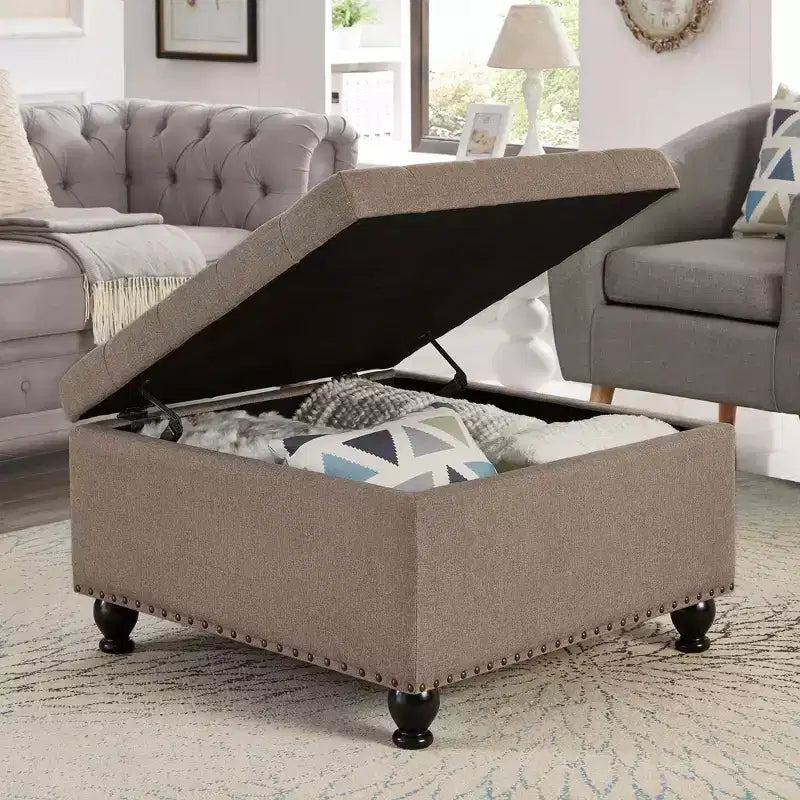 Pouffe de rangement carré de 76 cm avec capitonnage boutonné et clous décoratifs, repose-pieds rembourré avec pieds en bois pour salon, chambre, entrée