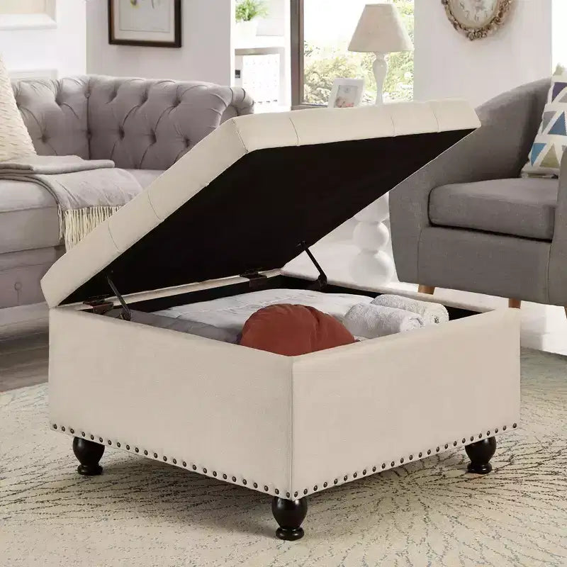 Pouffe de rangement carré de 76 cm avec capitonnage boutonné et clous décoratifs, repose-pieds rembourré avec pieds en bois pour salon, chambre, entrée