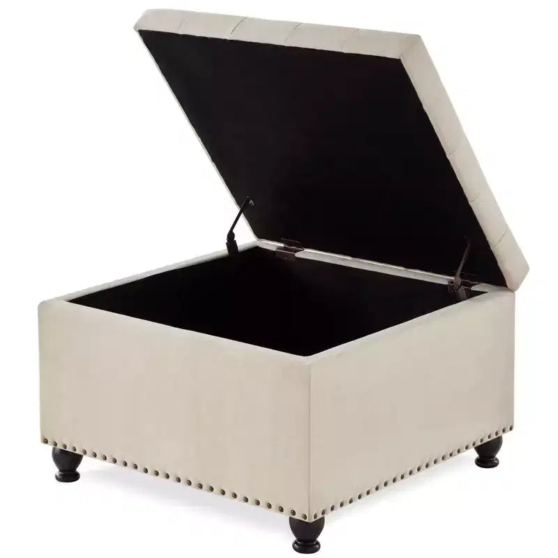 Pouffe de rangement carré de 76 cm avec capitonnage boutonné et clous décoratifs, repose-pieds rembourré avec pieds en bois pour salon, chambre, entrée