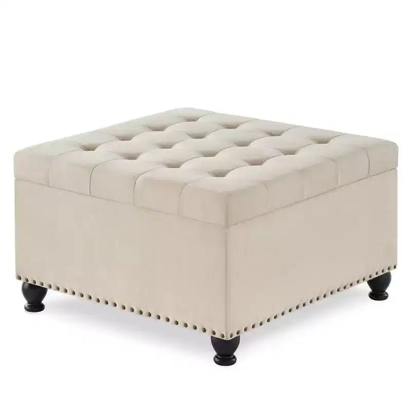 Pouffe de rangement carré de 76 cm avec capitonnage boutonné et clous décoratifs, repose-pieds rembourré avec pieds en bois pour salon, chambre, entrée