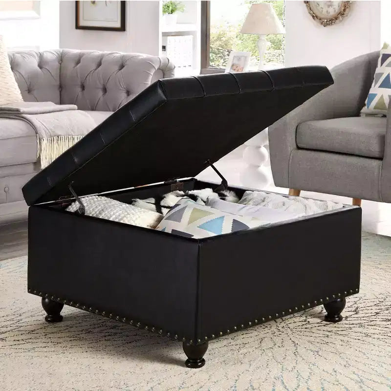 Pouffe de rangement carré de 76 cm avec capitonnage boutonné et clous décoratifs, repose-pieds rembourré avec pieds en bois pour salon, chambre, entrée