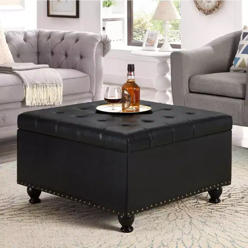 Pouffe de rangement carré de 76 cm avec capitonnage boutonné et clous décoratifs, repose-pieds rembourré avec pieds en bois pour salon, chambre, entrée
