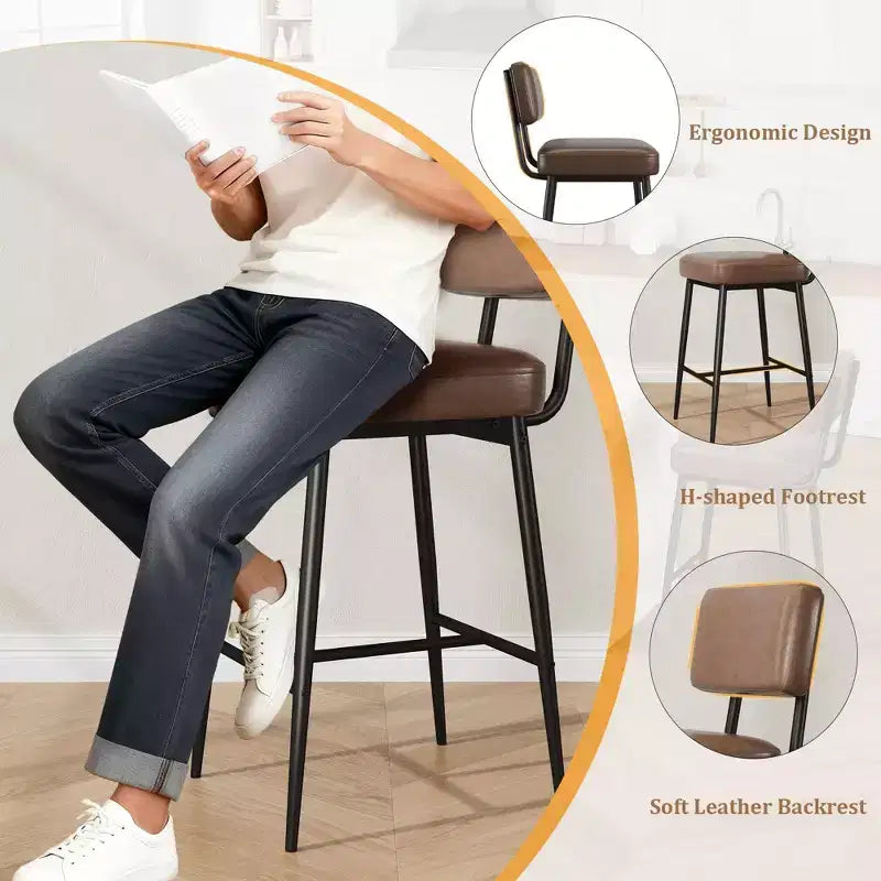 Tabourets de bar (lot de 2), tabourets de bar de comptoir de 66 cm avec dossiers, tabourets de bar modernes en similicuir rembourrés avec pieds en métal pour îlot de cuisine, bar à domicile