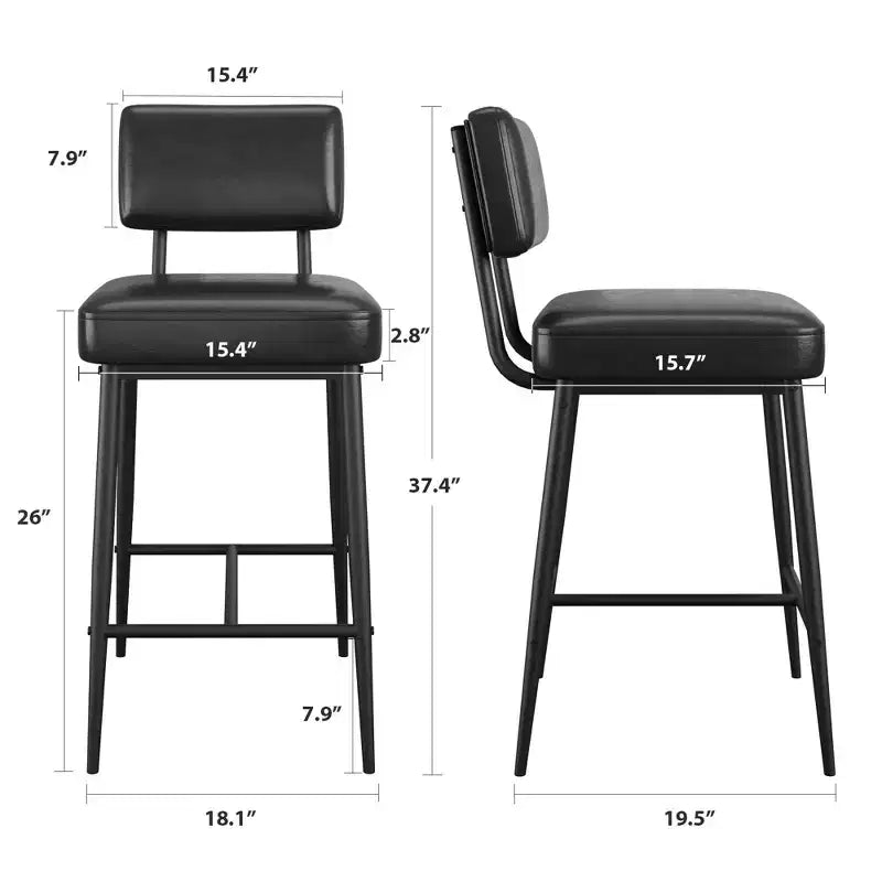 Tabourets de bar (lot de 2), tabourets de bar de comptoir de 66 cm avec dossiers, tabourets de bar modernes en similicuir rembourrés avec pieds en métal pour îlot de cuisine, bar à domicile