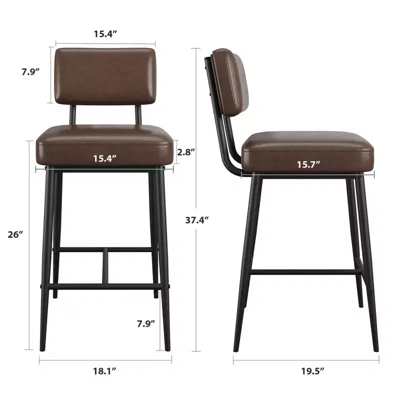 Tabourets de bar (lot de 2), tabourets de bar de comptoir de 66 cm avec dossiers, tabourets de bar modernes en similicuir rembourrés avec pieds en métal pour îlot de cuisine, bar à domicile