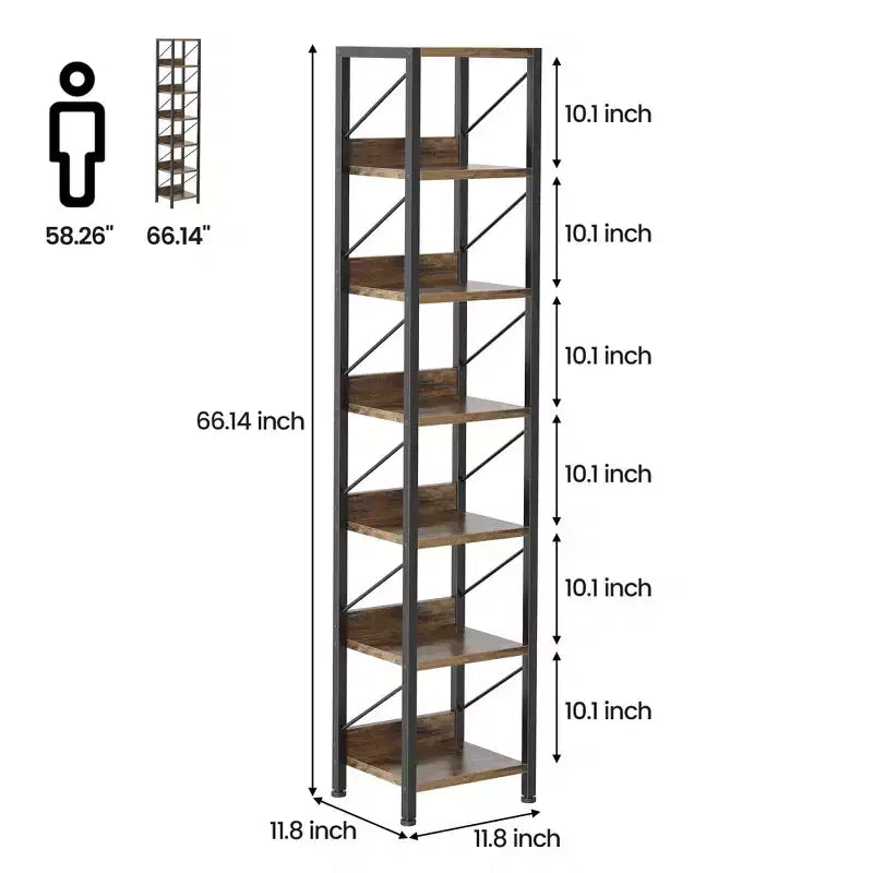 Étagère étroite à 6 niveaux, Bibliothèque haute et fine avec cadre en métal, Étagère d'angle industrielle rustique, Meuble de rangement autoportant pour Chambre, Salon
