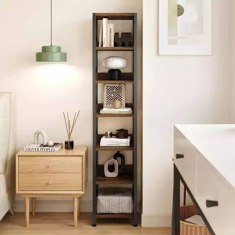 Étagère étroite à 6 niveaux, Bibliothèque haute et fine avec cadre en métal, Étagère d'angle industrielle rustique, Meuble de rangement autoportant pour Chambre, Salon