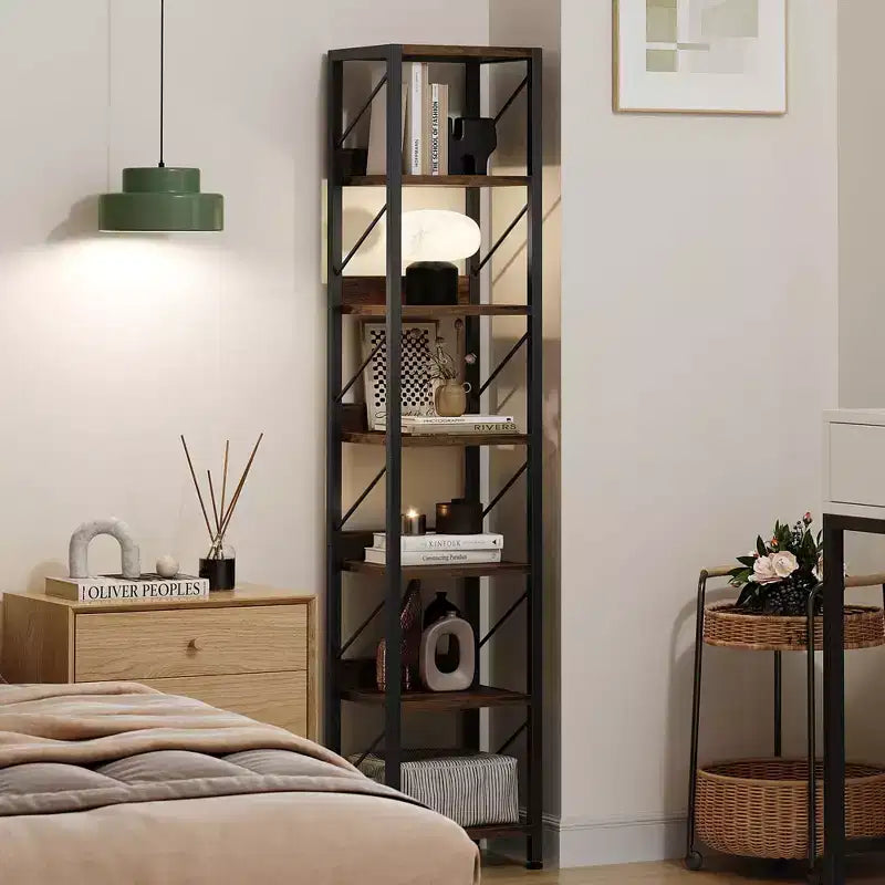 Étagère étroite à 6 niveaux, Bibliothèque haute et fine avec cadre en métal, Étagère d'angle industrielle rustique, Meuble de rangement autoportant pour Chambre, Salon