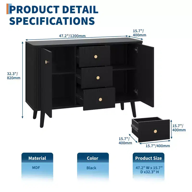 Buffet moderne cannelé de 120 cm, 3 tiroirs, meuble de rangement fin, meuble bar à café en bois pour salle à manger, salon
