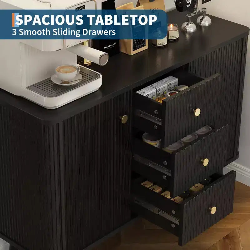 Buffet moderne cannelé de 120 cm, 3 tiroirs, meuble de rangement fin, meuble bar à café en bois pour salle à manger, salon
