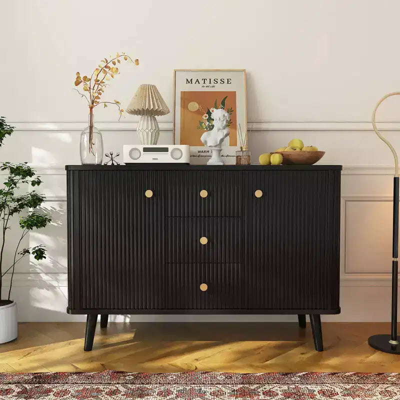 Buffet moderne cannelé de 120 cm, 3 tiroirs, meuble de rangement fin, meuble bar à café en bois pour salle à manger, salon