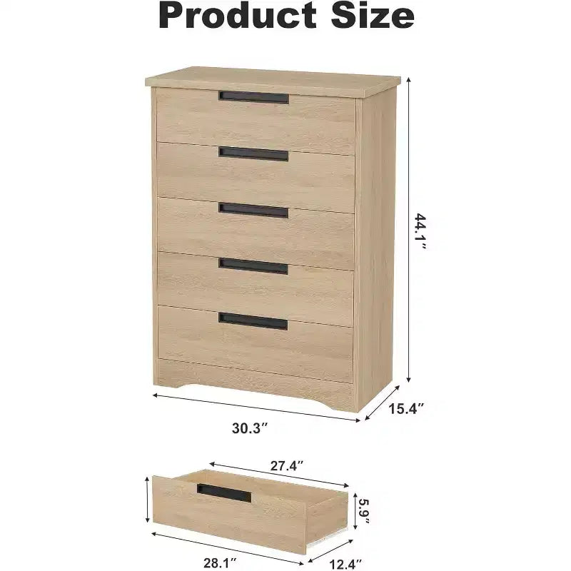 Commode à 5 tiroirs en bois pour chambre à coucher, petite commode en chêne, style moderne et minimaliste avec poignées intégrées pour salon, chambre à coucher, entrée