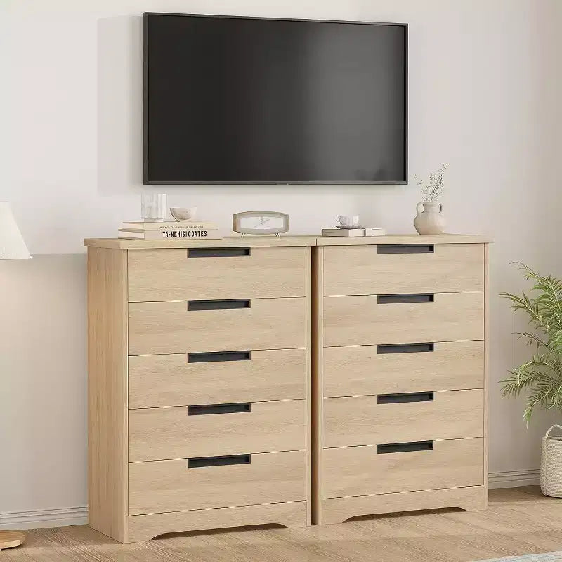 Commode à 5 tiroirs en bois pour chambre à coucher, petite commode en chêne, style moderne et minimaliste avec poignées intégrées pour salon, chambre à coucher, entrée
