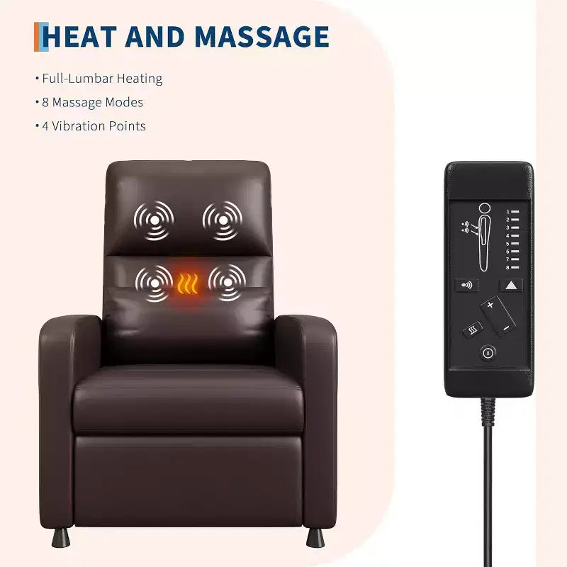 Fauteuil inclinable en similicuir avec massage et chaleur avec fonction de massage et support lombaire, dossier inclinable réglable, accoudoir large