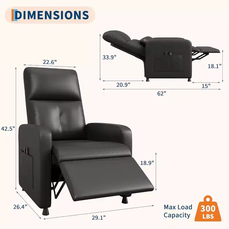 Fauteuil inclinable en similicuir avec massage et chaleur avec fonction de massage et support lombaire, dossier inclinable réglable, accoudoir large