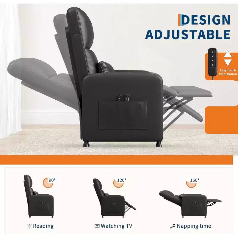 Fauteuil inclinable en similicuir avec massage et chaleur avec fonction de massage et support lombaire, dossier inclinable réglable, accoudoir large