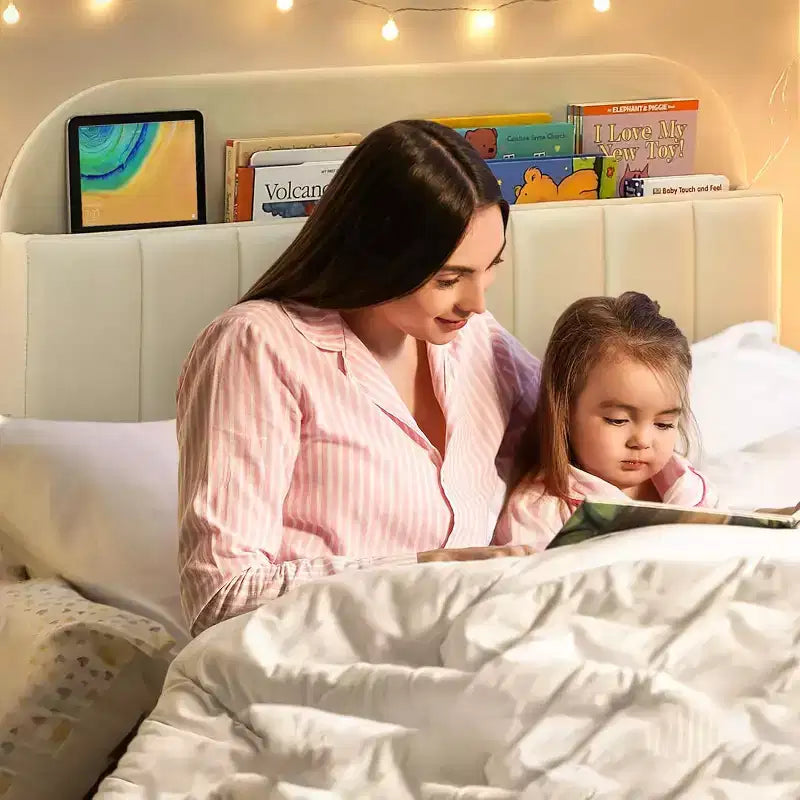 Cadre de lit plateforme rembourré pleine grandeur avec tête de lit de rangement et bibliothèque pour enfants ou adolescents