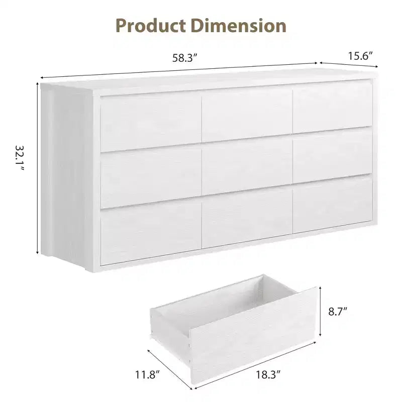 Commode à 9 tiroirs pour chambre à coucher, large commode moderne, grande commode de rangement en bois pour salon, couloir et entrée
