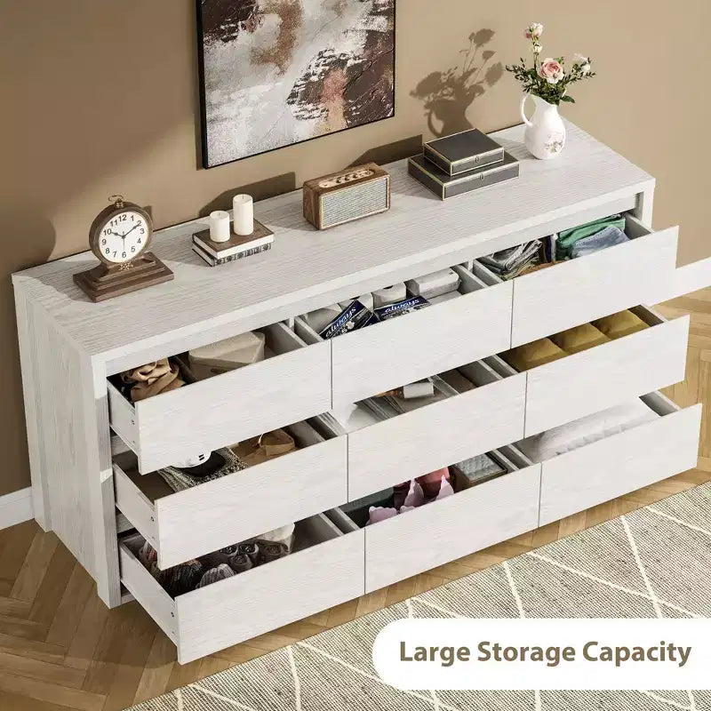 Commode à 9 tiroirs pour chambre à coucher, large commode moderne, grande commode de rangement en bois pour salon, couloir et entrée