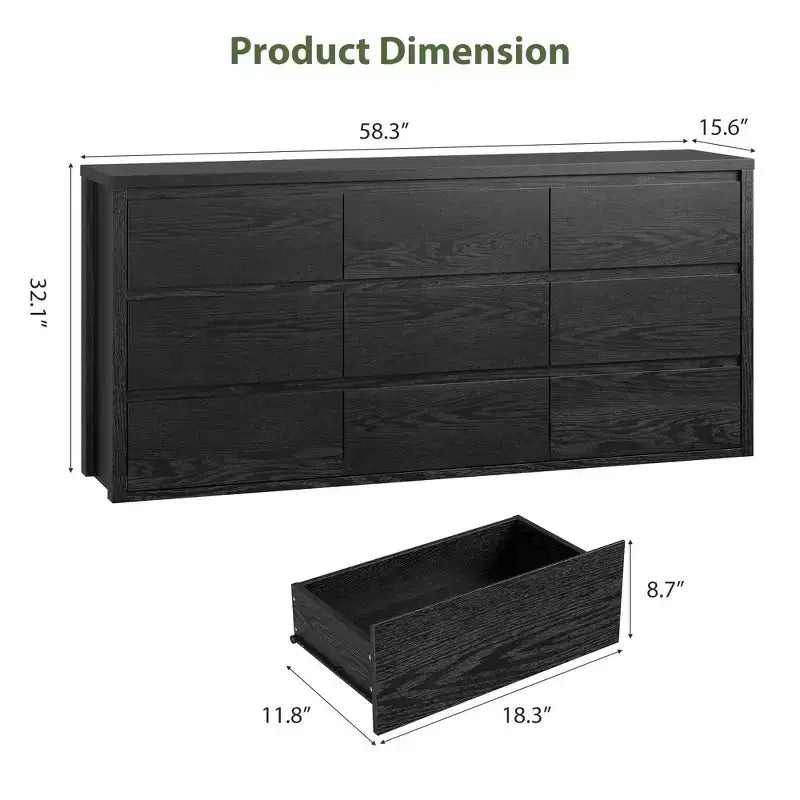 Commode à 9 tiroirs pour chambre à coucher, large commode moderne, grande commode de rangement en bois pour salon, couloir et entrée