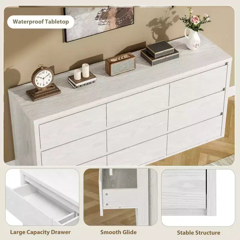 Commode à 9 tiroirs pour chambre à coucher, large commode moderne, grande commode de rangement en bois pour salon, couloir et entrée